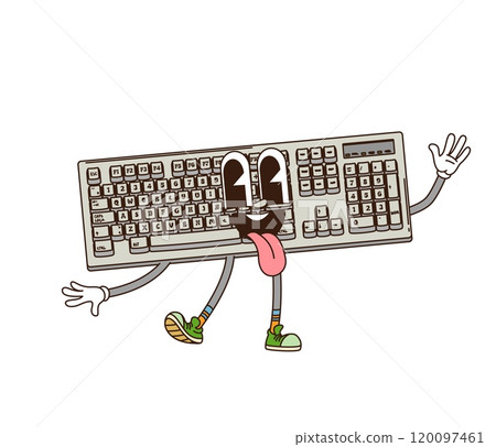 Cartoon groovy computer keyboard retro character with expressive eyes, sticking out its tongue and waving hand. Isolated vector playful technology personage with a funky vibe and cheerful expression Cartoon groovy computer keyboard retro character with expressive eyes, sticking out its tongue and waving hand. Isolated vector playful technology personage with a funky vibe and cheerful expression 120097461