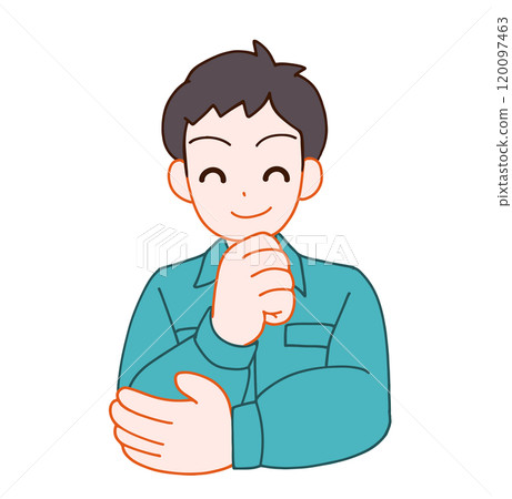一個穿著工作服微笑思考的畸形男子的插圖 一個穿著工作服微笑思考的畸形男子的插圖 120097463