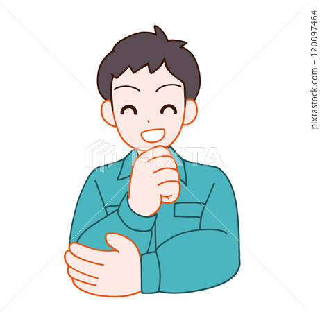 一個穿著工作服微笑思考的畸形男子的插圖 120097464