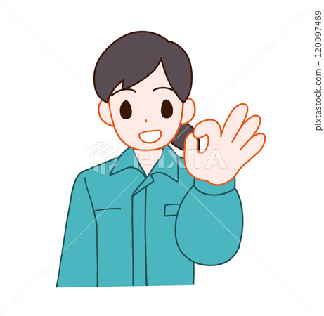 Illustration of a smiling deformed woman wearing work clothes saying OK 120097489