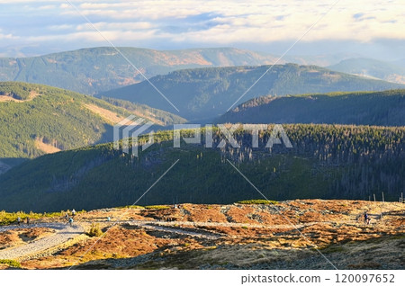 Snezka, the highest mountain of Czech Republic, Giant Mountains - Krkonose National Park, Czech Republic and Poland - Europe. Snezka, the highest mountain of Czech Republic, Giant Mountains - Krkonose National Park, Czech Republic and Poland - Europe. 120097652
