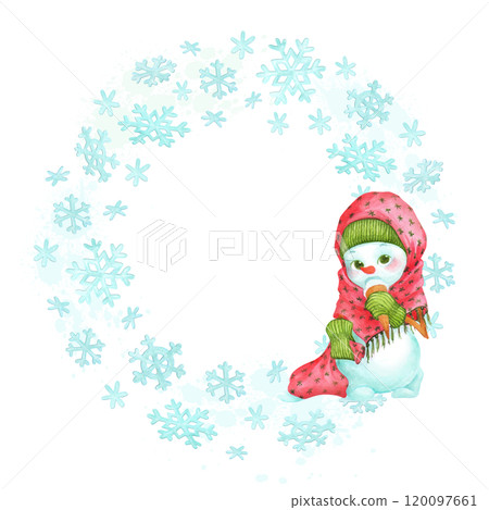 Circle frame of snowflakes and toddler snowman girl character. Watercolor background template for cards, plates or shopping bag designs. Decorative winter border with empty place for text in center 120097661