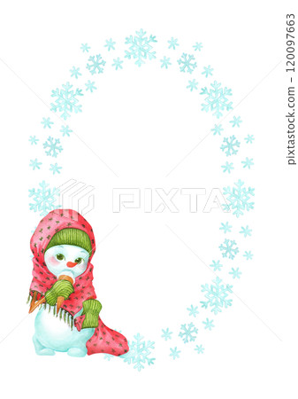 Oval frame of snowflakes and toddler snowman girl character. Watercolor vertical background template for cards, plates or shopping bag designs. Decorative winter border with empty place for text Oval frame of snowflakes and toddler snowman girl character. Watercolor vertical background template for cards, plates or shopping bag designs. Decorative winter border with empty place for text 120097663
