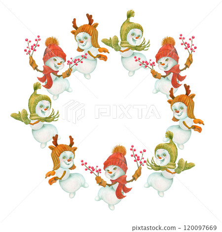 Circle frame or border with funny dancing snowmen. Watercolor background template for cards, plates, shopping bags. Decorative winter composition with place for text in center for holiday designs Circle frame or border with funny dancing snowmen. Watercolor background template for cards, plates, shopping bags. Decorative winter composition with place for text in center for holiday designs 120097669