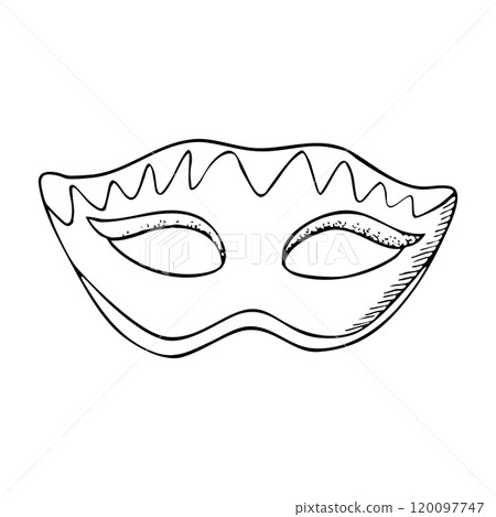 Purim Mardi Gras masquerade mask in Venetian style for carnival hand drawn black and white vector illustration. Simple ink drawing for coloring pages and books Purim Mardi Gras masquerade mask in Venetian style for carnival hand drawn black and white vector illustration. Simple ink drawing for coloring pages and books 120097747