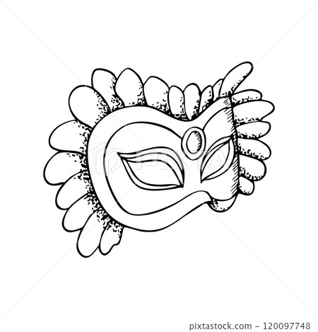 Carnival party mask with feather and gem black and white ink vector illustration. Purim, Fat Tuesday and mardi gras masquerade, festival sketch illustration for coloring Carnival party mask with feather and gem black and white ink vector illustration. Purim, Fat Tuesday and mardi gras masquerade, festival sketch illustration for coloring 120097748