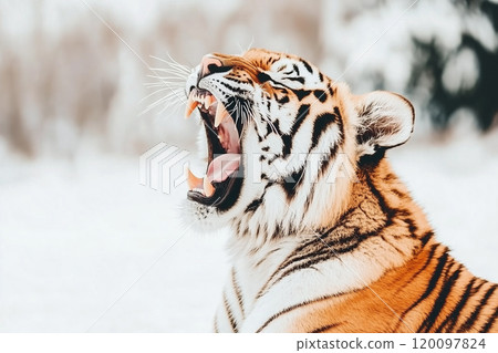 Majestic Tiger Roaring in Wintry Landscape 120097824