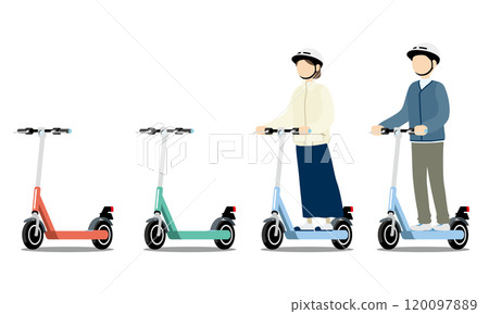 A set of men and women riding electric kickboards 120097889