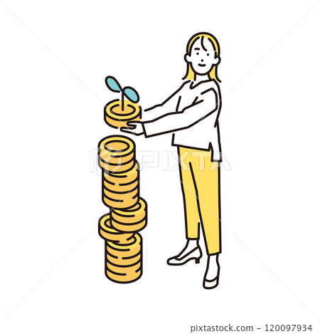 一個年輕女子堆積已發芽的硬幣的簡單插圖 120097934