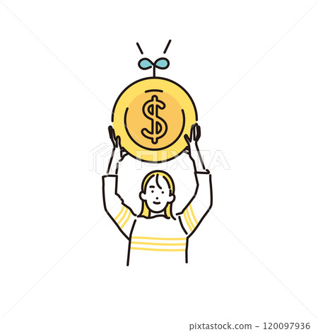 Simple illustration: A young woman holding up a sprouting coin 120097936