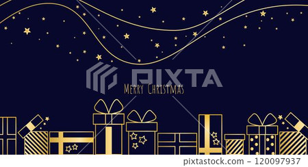 Horizontal holiday banner with golden gifts, stars and Merry Christmas tex Horizontal holiday banner with golden gifts, stars and Merry Christmas tex 120097937