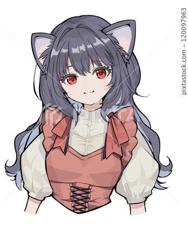 A bust-up illustration of a smiling black-haired woman with cat ears wearing Lolita clothing 120097963