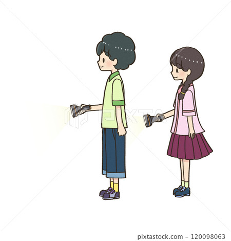 Boy and girl standing with flashlights in their hands Boy and girl standing with flashlights in their hands 120098063