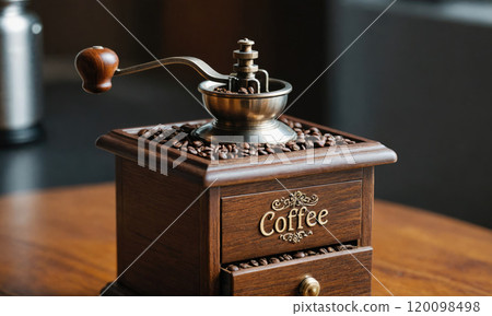 A vintage coffee grinder sits on a wooden table, ready to grind fresh coffee beans for the perfect cup 120098498