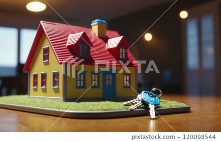 A small house model sits on a table with a set of keys nearby 120098544
