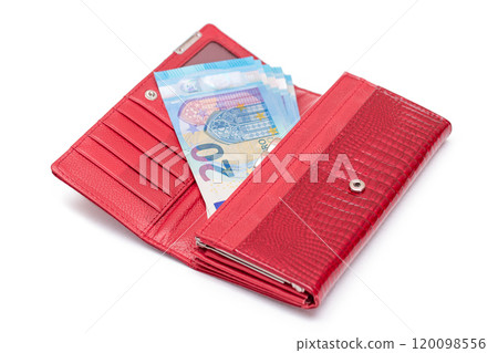 Opened Red Women Purse with 20 Euro Banknotes Inside - Isolated on White 120098556