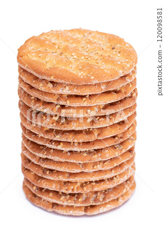 A Stack of Round Salt Crackers with Sesame Isolated on White Background 120098581