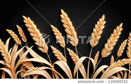 Golden wheat stalks stand tall against a black background Golden wheat stalks stand tall against a black background 120098582