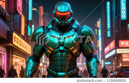 A futuristic soldier in a green exosuit walks through a neon-lit city at night 120098600