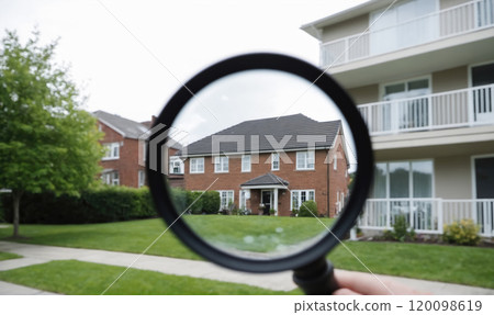 A magnifying glass is used to focus on a brick house in a neighborhood 120098619