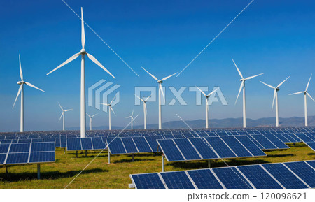 Wind turbines and solar panels generate clean energy in a field on a clear day 120098621