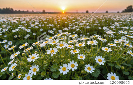 A field of daisies blooms under the golden light of a sunrise 120098665