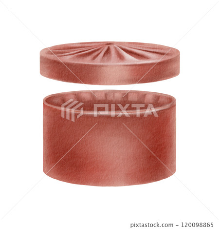 Vintage style round hat box with lid covered in red velvet for flowers and sweets. As a symbol of gifts,of Christmas,birthday and holiday. Watercolor illustration isolated on white background 120098865