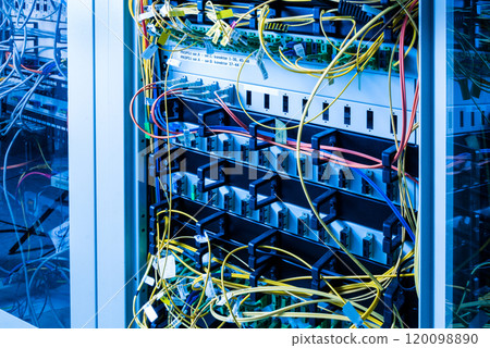 server rack with switch boards and cables server rack with switch boards and cables 120098890