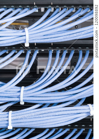 large group of UTP cables, Ethernet cables in rack cabinet, lead large group of UTP cables, Ethernet cables in rack cabinet, lead 120098892