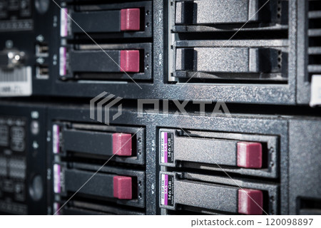 Array of data storage hard drives in internet data center 120098897