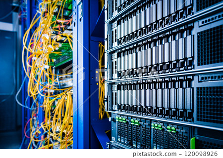 cluster of data storage SSD hard drives inside server rack cluster of data storage SSD hard drives inside server rack 120098926