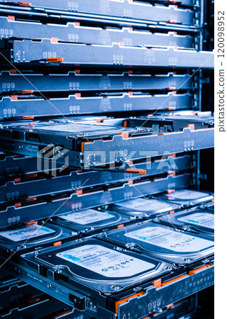 close up of hard disk drives inside hosting center close up of hard disk drives inside hosting center 120098952