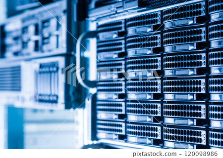 Cluster of data storage hard drives inside server room Cluster of data storage hard drives inside server room 120098986