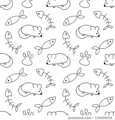 Seamless vector pattern with Cute mouse, fish and fish bone, paw. Outline, Doodle, Line Art. Animal Background. Flat illustration. 120099058