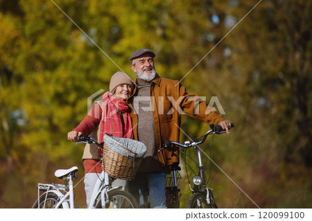 Lovely elderly couple on a walk in the forest, pushing their bikes side by side. Seniors in love on stroll through autumn nature, enjoying a peaceful moment together. Lovely elderly couple on a walk in the forest, pushing their bikes side by side. Seniors in love on stroll through autumn nature, enjoying a peaceful moment together. 120099100