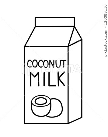 Coconut Vegan milk. Box Carton packaging. Outline, Doodle, Line art. Vector flat illustration. 120099116