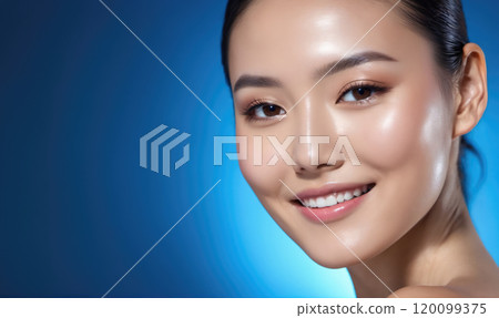 A woman with glowing skin smiles against a blue background 120099375