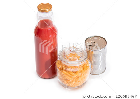Food Reserves: Canned Food, Spaghetti, Pate, Tuna, Tomato Juice, Pasta, Fish and Grocery - Isolated 120099467