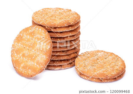 A Stack of Round Salt Crackers with Sesame Isolated on White Background 120099468