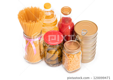 Food Reserves: Canned Food, Spaghetti, Pate, Tuna, Tomato Juice, Pasta, Fish and Grocery - Isolated 120099471