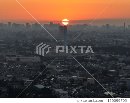 [Aerial view from above Musashino, Tokyo] Sunrise over the city 120099703