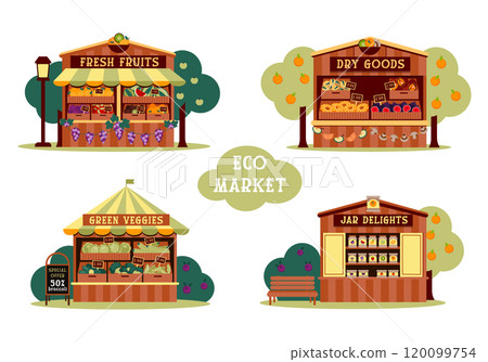 Local Eco Market Stand Set with Fruits, Vegetables, and Organic Preserves, vector illustration in a flat style 120099754