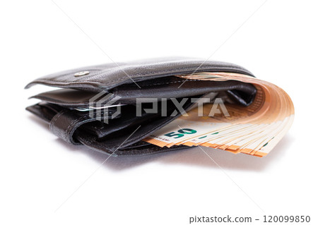 Black Leather Men Wallet with Fifty Euro Banknotes Inside - Isolated on White Black Leather Men Wallet with Fifty Euro Banknotes Inside - Isolated on White 120099850
