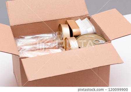 Carton Box with Canned Food, Cereals and Grocery - Donation Box or Food Reserves Carton Box with Canned Food, Cereals and Grocery - Donation Box or Food Reserves 120099900