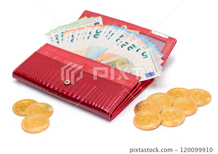 Red Leather Women Purse with Different Euro Banknotes and Bitcoin Coins 120099910