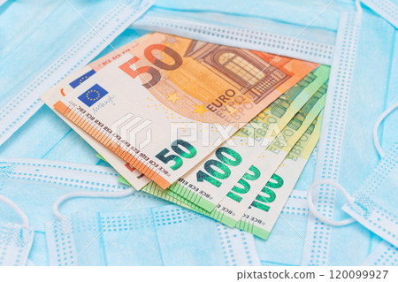 Euro Banknotes with Blue Disposable Medical Face Masks Euro Banknotes with Blue Disposable Medical Face Masks 120099927