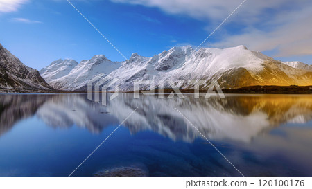 Lofoten islands, Norway. Panoramic landscape during moon light. Long exposure photography. 120100176