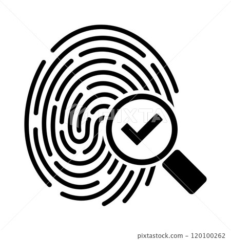 Fingerprint icon and magnifying glass with a tick mark. Verification passed. Digital security authentication. ID application icon. Security system. Information security. 120100262