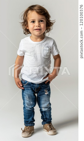 Young Boy with Brown Hair Wearing White Shirt and Blue Jeans Generative AI 120100376
