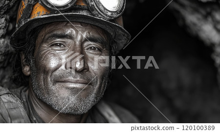 Miner Emerging from Mine after a Long Day of Work Generative AI 120100389